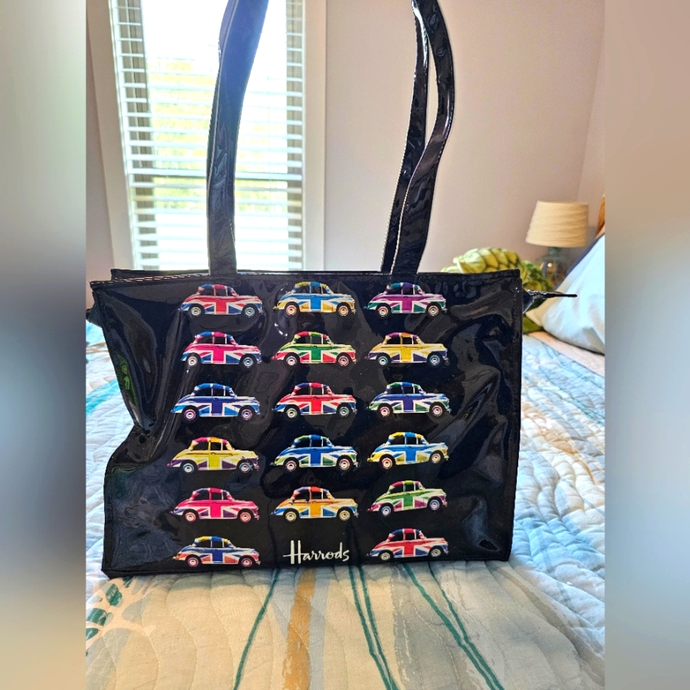 Harrods Black Tote Bag with Colorful Car Design